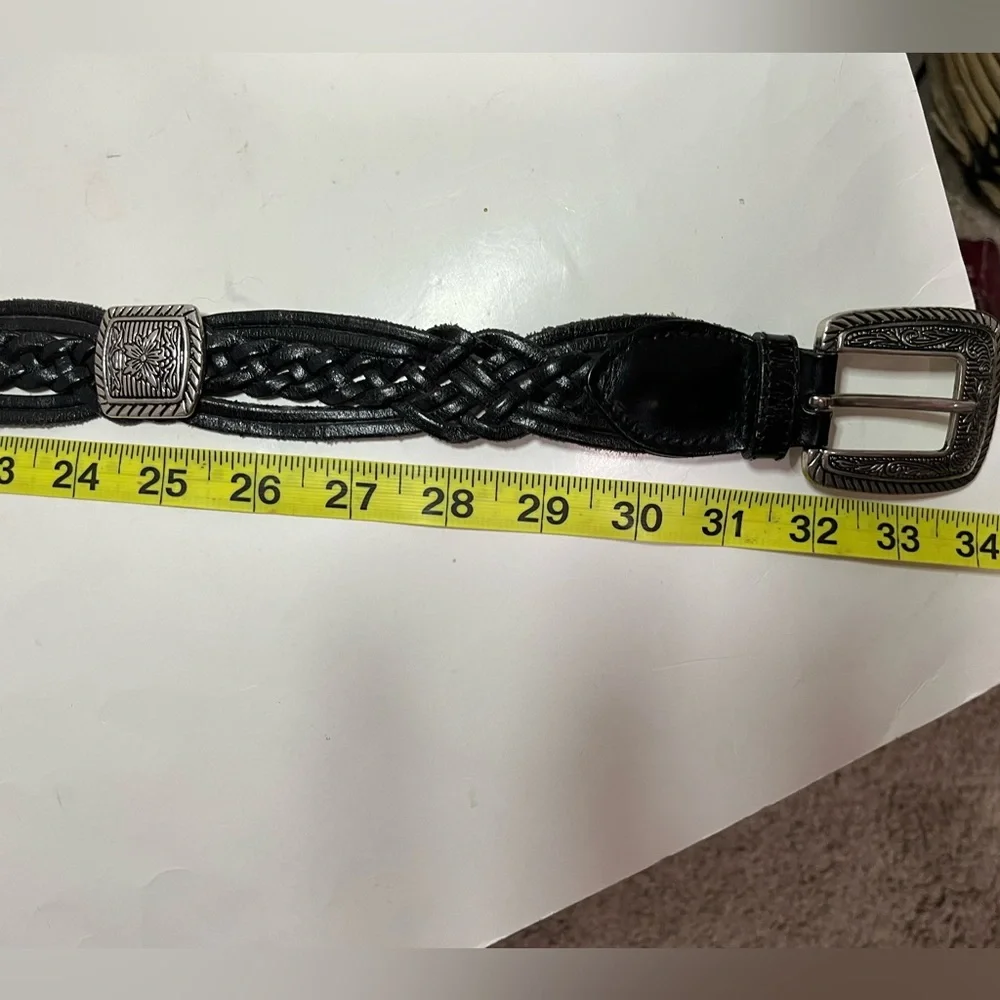 Black Braided Leather Western Belt Silver Accents Size Small